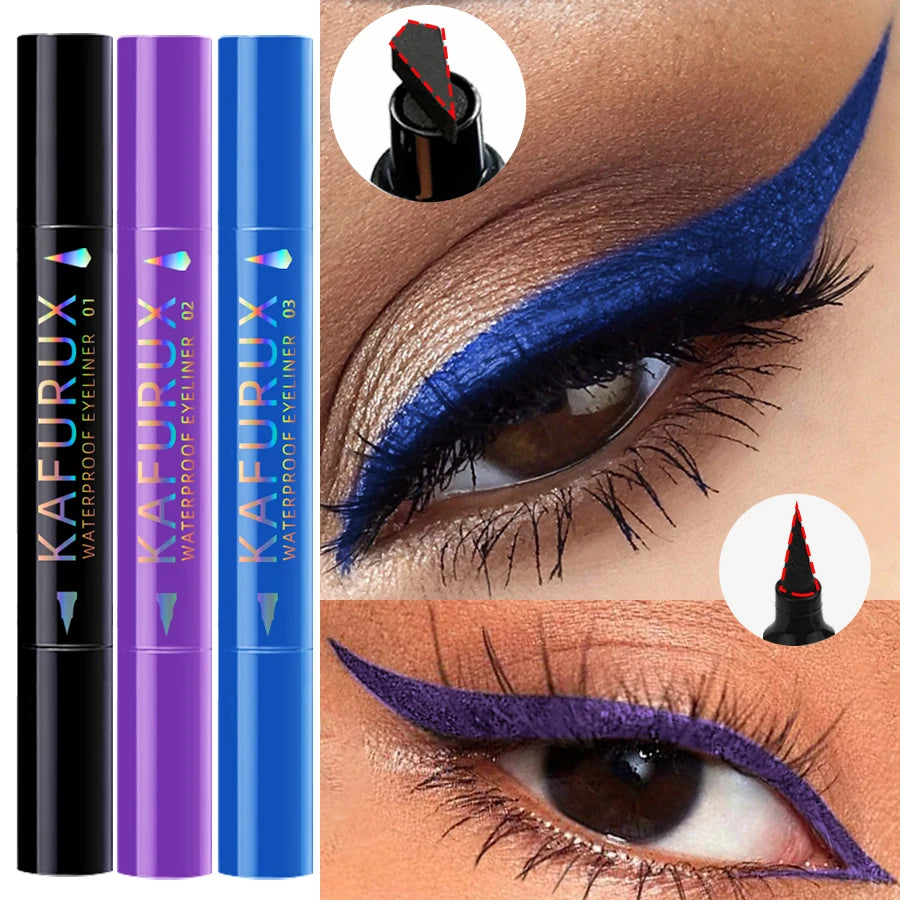 “3-Color 2-in-1 Seal Stamp Eyeliner Pen – Waterproof Liquid Eye Liner Pencil in Black, Purple, Blue, Korean Makeup Cosmetic Gift”