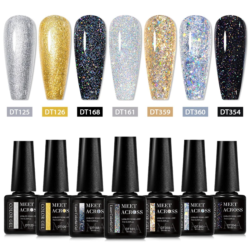 “7PCS Glitter Gel Nail Polish Set – Gold, Silver, Red Sparkling Sequins, Soak-Off UV Gel Varnish for Manicure, DIY Nail Art Design”