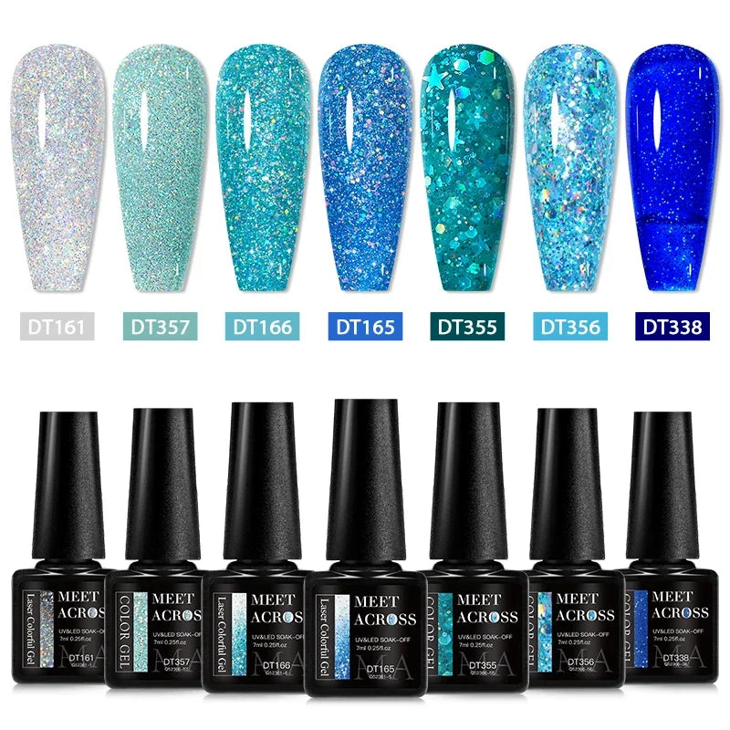 “7PCS Glitter Gel Nail Polish Set – Gold, Silver, Red Sparkling Sequins, Soak-Off UV Gel Varnish for Manicure, DIY Nail Art Design”