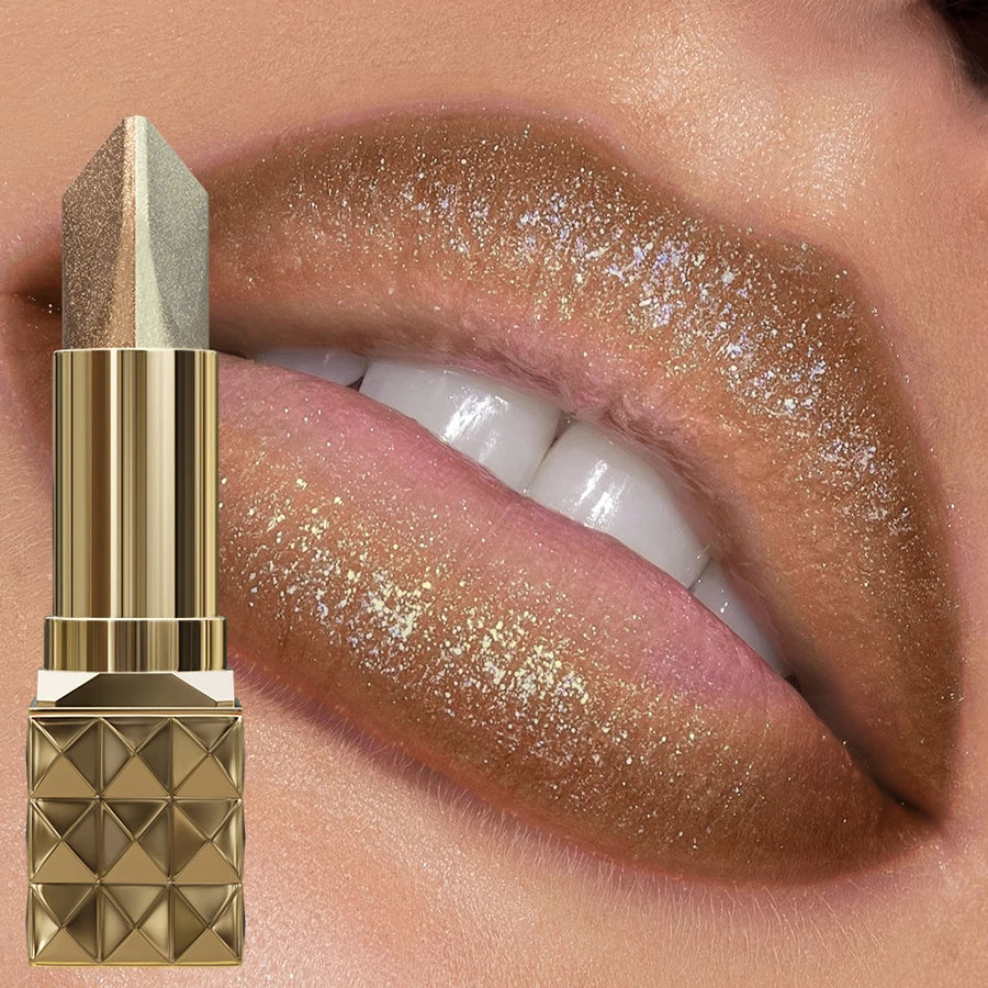4-Color Glitter Two-Tone Lipstick – Matte & Pearlescent Lip Tint, Shiny Metallic Korean Makeup Lip Gloss & Lip Oil