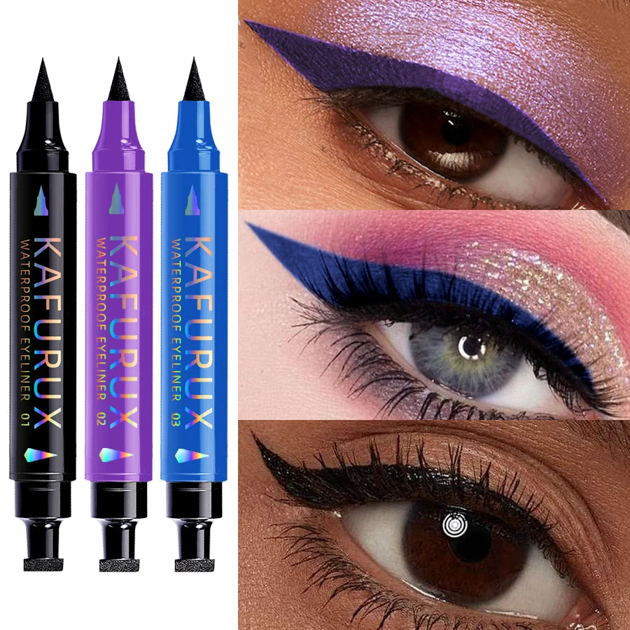 “3-Color 2-in-1 Seal Stamp Eyeliner Pen – Waterproof Liquid Eye Liner Pencil in Black, Purple, Blue, Korean Makeup Cosmetic Gift”