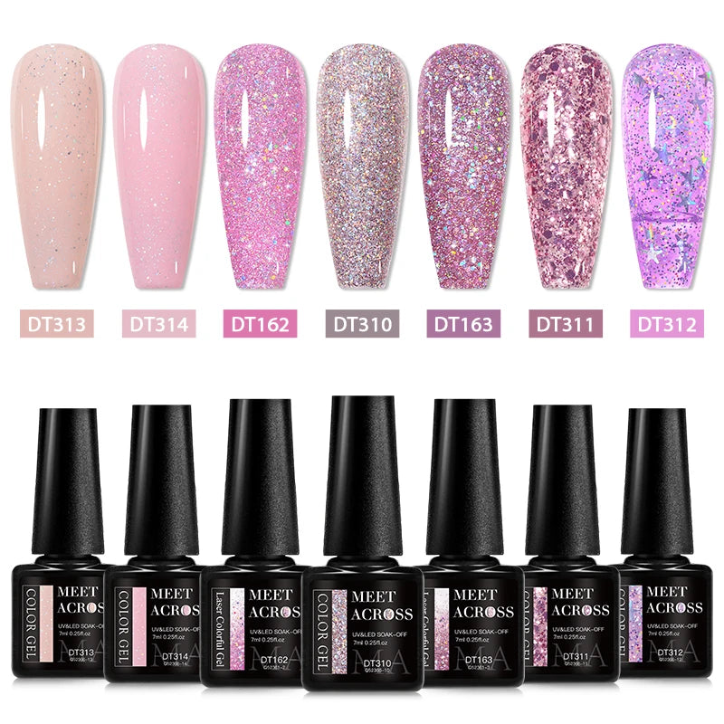 “7PCS Glitter Gel Nail Polish Set – Gold, Silver, Red Sparkling Sequins, Soak-Off UV Gel Varnish for Manicure, DIY Nail Art Design”