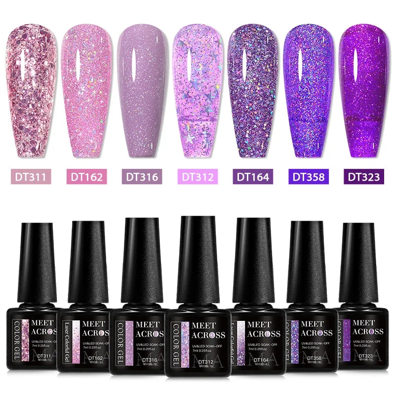 “7PCS Glitter Gel Nail Polish Set – Gold, Silver, Red Sparkling Sequins, Soak-Off UV Gel Varnish for Manicure, DIY Nail Art Design”