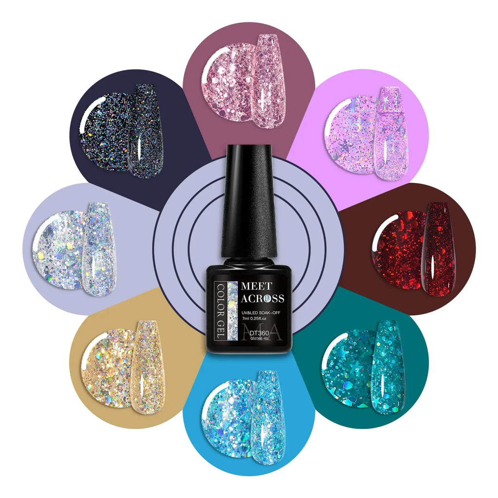 “7PCS Glitter Gel Nail Polish Set – Gold, Silver, Red Sparkling Sequins, Soak-Off UV Gel Varnish for Manicure, DIY Nail Art Design”