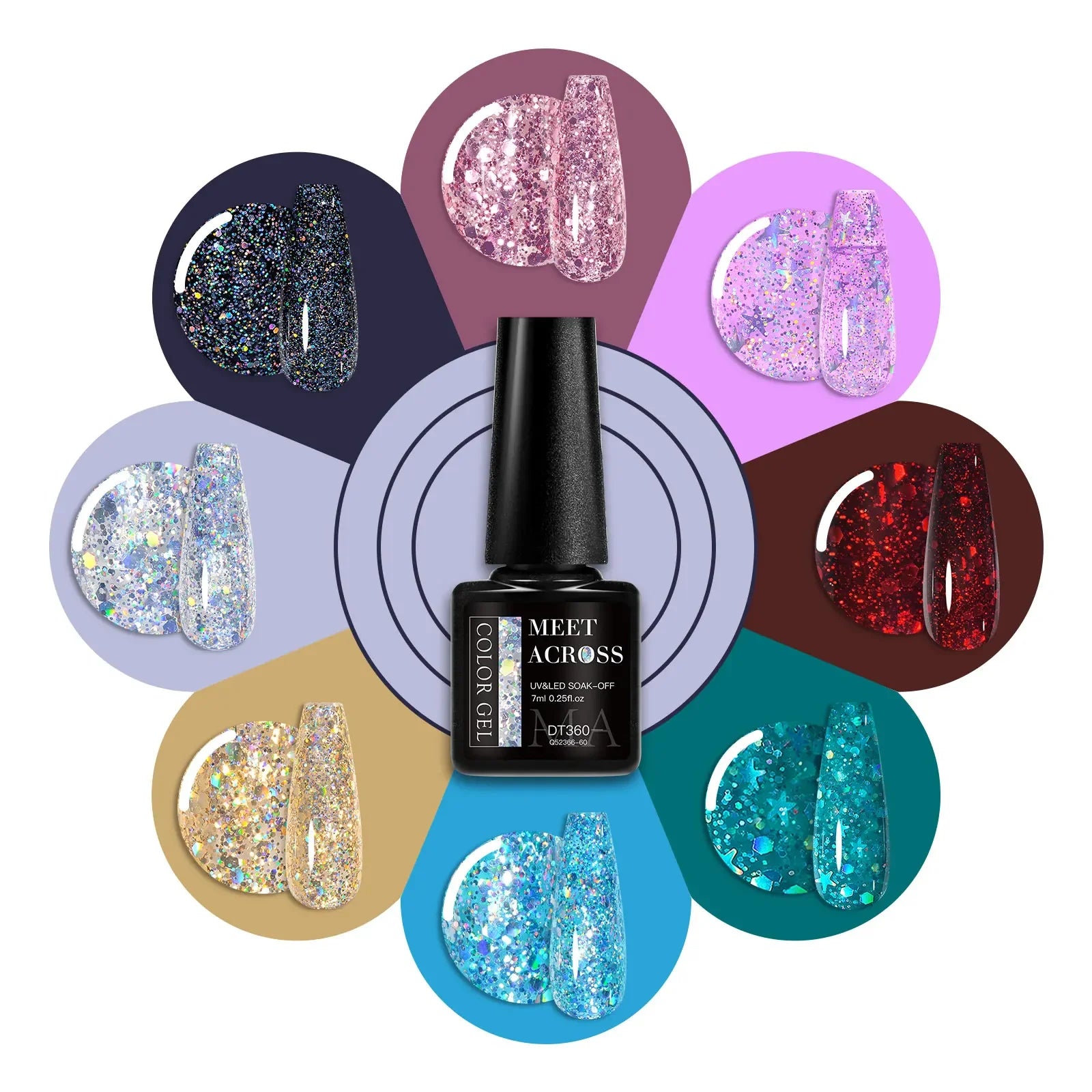 “7PCS Glitter Gel Nail Polish Set – Gold, Silver, Red Sparkling Sequins, Soak-Off UV Gel Varnish for Manicure, DIY Nail Art Design”