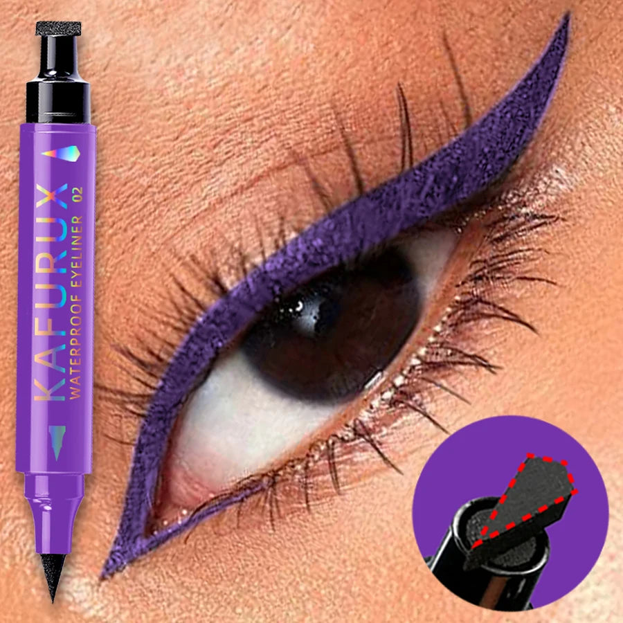 “3-Color 2-in-1 Seal Stamp Eyeliner Pen – Waterproof Liquid Eye Liner Pencil in Black, Purple, Blue, Korean Makeup Cosmetic Gift”