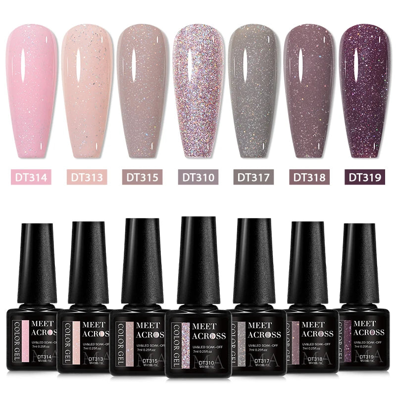 “7PCS Glitter Gel Nail Polish Set – Gold, Silver, Red Sparkling Sequins, Soak-Off UV Gel Varnish for Manicure, DIY Nail Art Design”