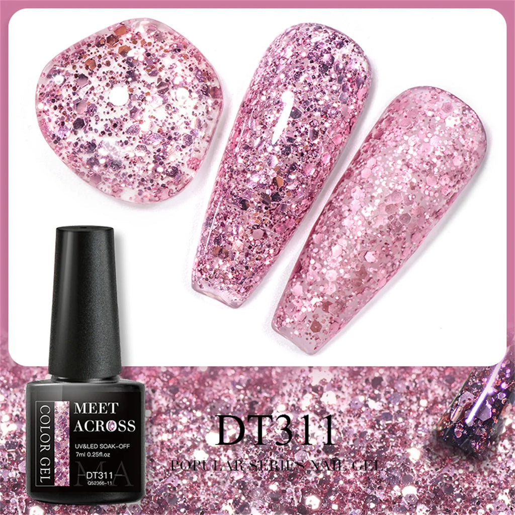 “7PCS Glitter Gel Nail Polish Set – Gold, Silver, Red Sparkling Sequins, Soak-Off UV Gel Varnish for Manicure, DIY Nail Art Design”