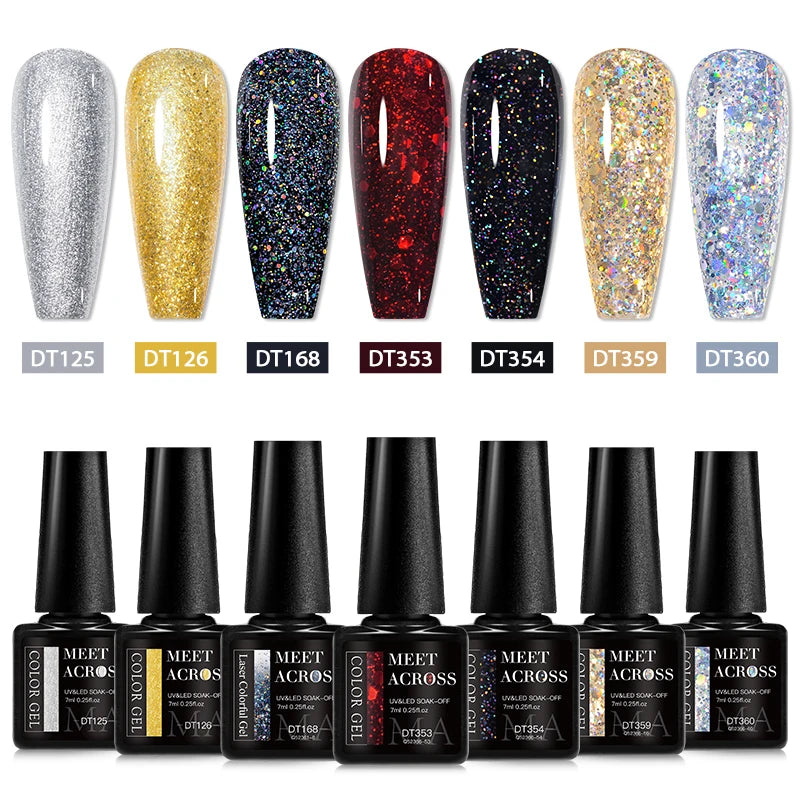 “7PCS Glitter Gel Nail Polish Set – Gold, Silver, Red Sparkling Sequins, Soak-Off UV Gel Varnish for Manicure, DIY Nail Art Design”